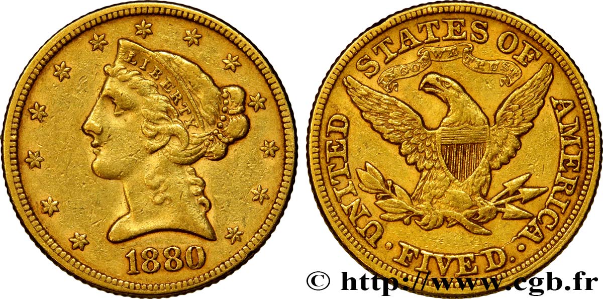 ÉTATS-UNIS D AMÉRIQUE 5 Dollars  Liberty  1880 Philadelphie TTB 