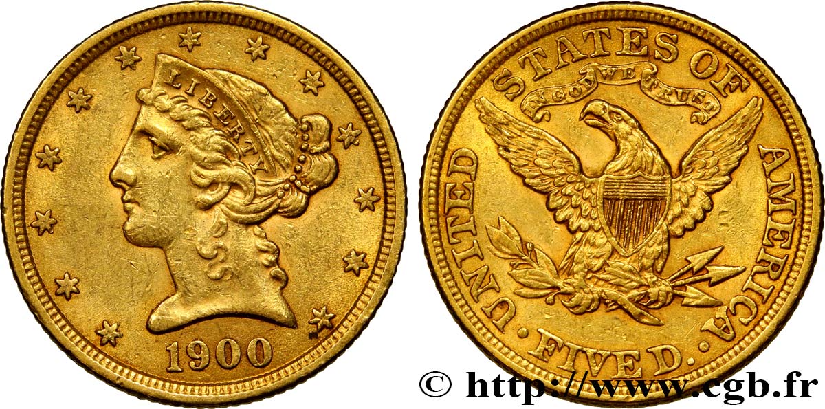 UNITED STATES OF AMERICA 5 Dollars  Liberty  1900 Philadelphie AU 