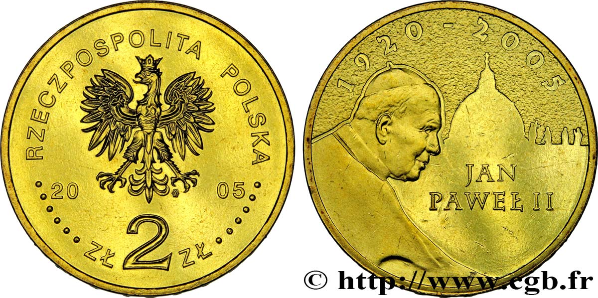 POLEN 2 Zlote aigle / hommage au pape Jean-Paul II (1920-2005) 2005 Varsovie fST 
