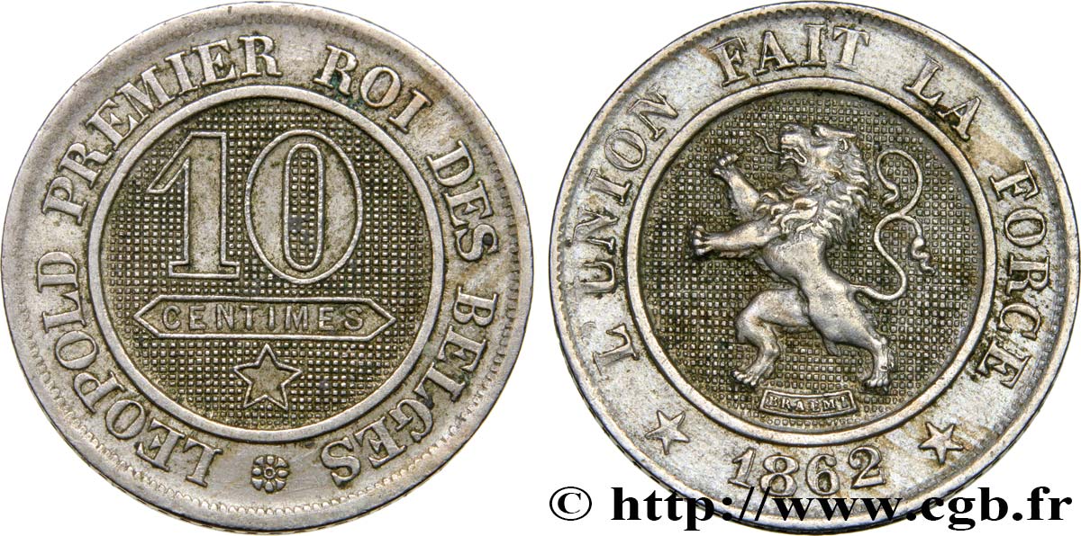 BELGIUM 10 Centimes lion 1862  AU 