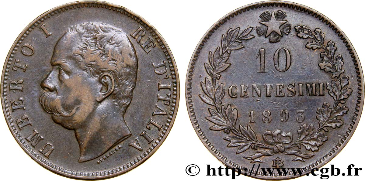 ITALY 10 Centesimi Humbert Ier 1893 Rome - R XF 