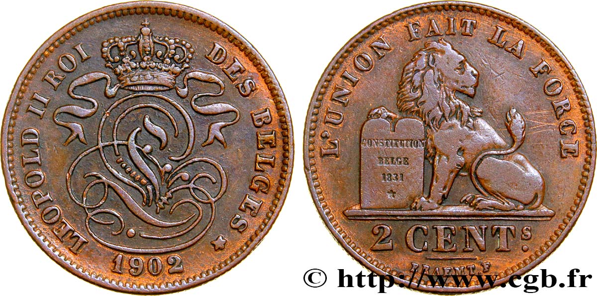 BELGIUM 2 Centimes lion monogramme de Léopold II légende française 1902  AU 