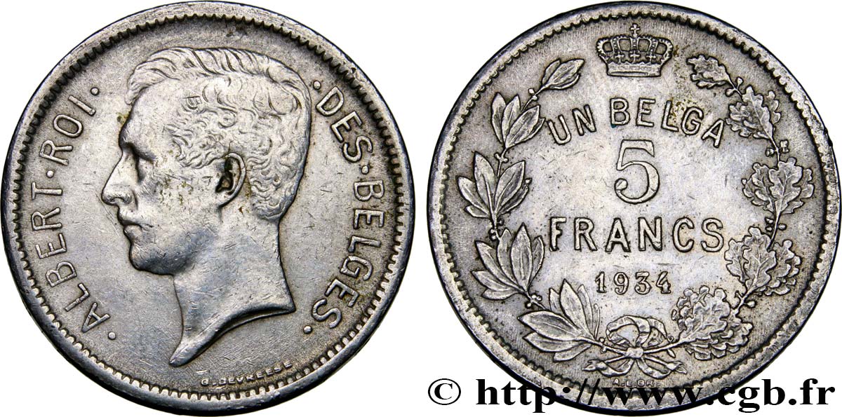 BELGIEN 5 Francs (1 Belga) Albert Ier légende Française 1934  SS 