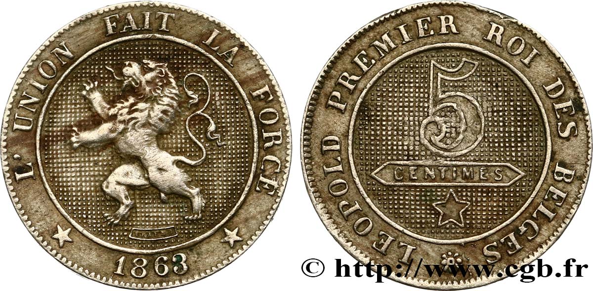 BELGIEN 5 Centimes lion légende Française 1863  SS 