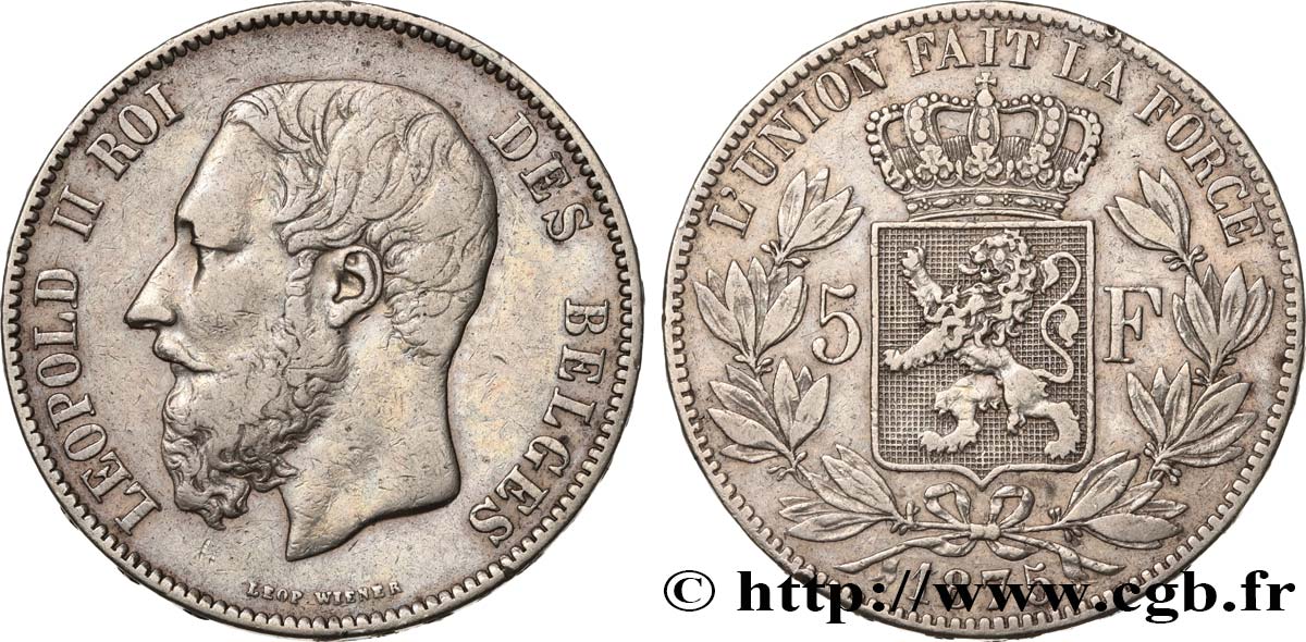 BELGIUM 5 Francs Léopold II 1875  XF 