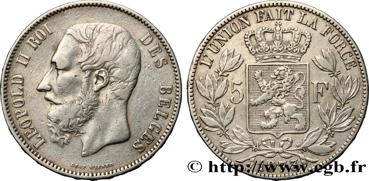 BELGIQUE 5 Francs Léopold II 1873  TTB 