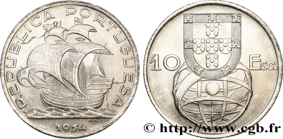 PORTUGAL 10 Escudos emblème et globe / caravelle 1954  fST 