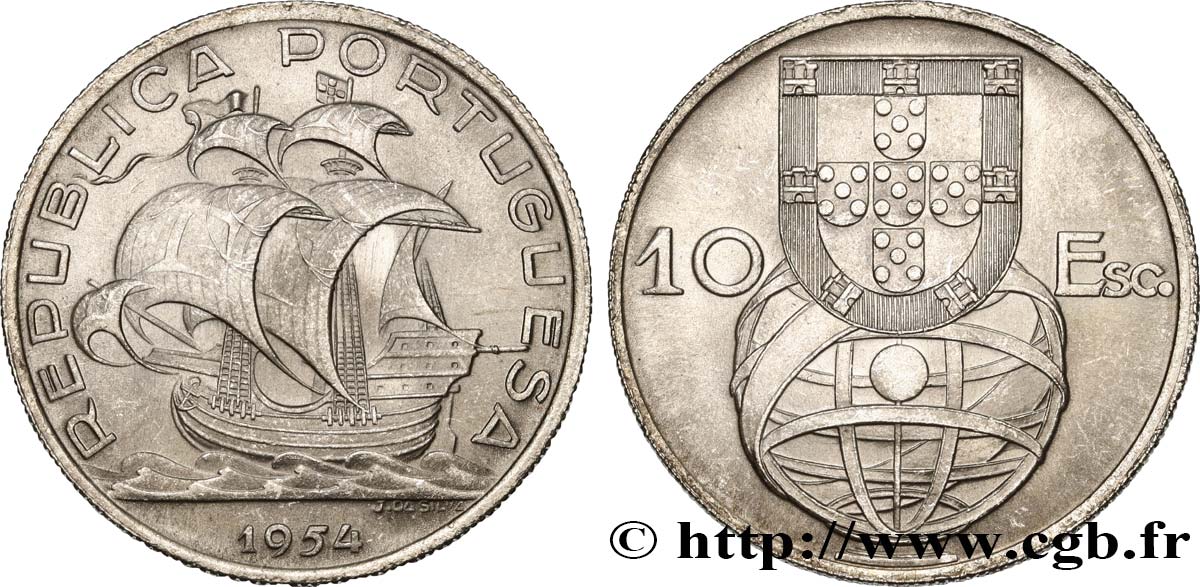 PORTUGAL 10 Escudos emblème et globe / caravelle 1954  SC 