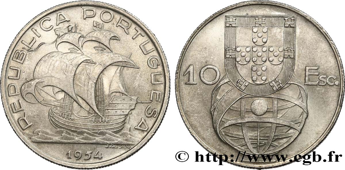 PORTUGAL 10 Escudos emblème et globe / caravelle 1954  SPL 