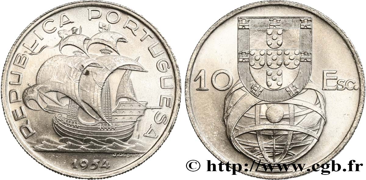 PORTUGAL 10 Escudos emblème et globe / caravelle 1954  EBC 
