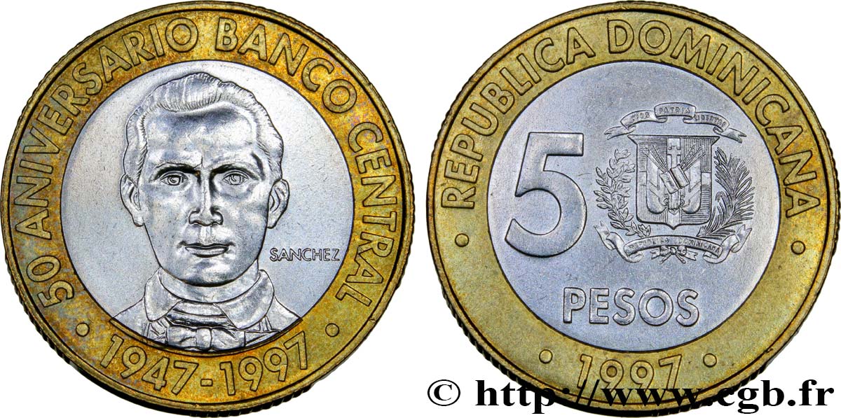REPUBBLICA DOMINICA 5 Pesos 50e anniversaire de la banque centrale 1997  SPL 