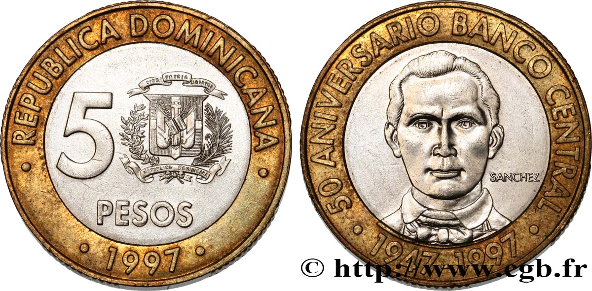 REPUBBLICA DOMINICA 5 Pesos 50e anniversaire de la banque centrale 1997  SPL 