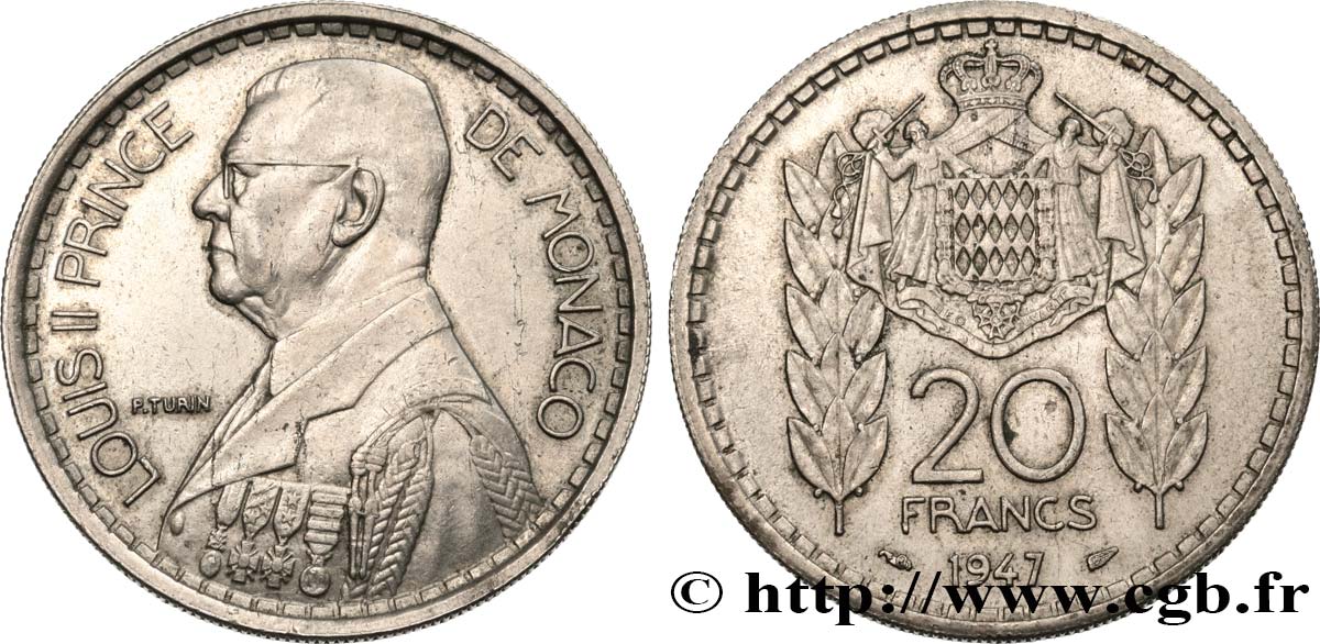 MONACO 20 Francs prince Louis II 1947 Paris TTB+ 