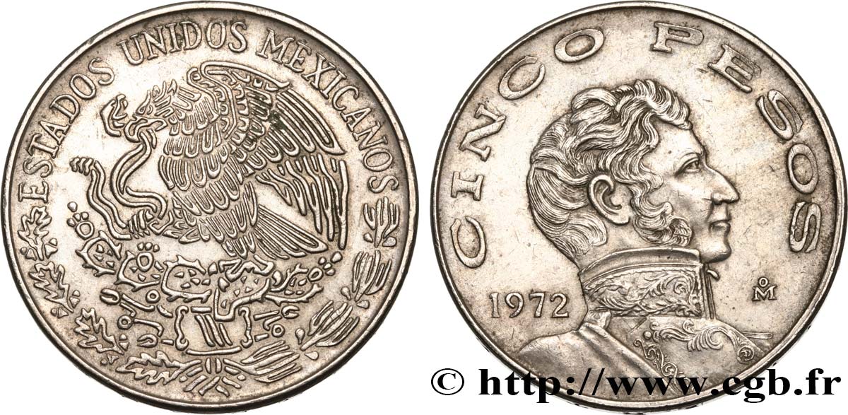 MÉXICO 5 Pesos aigle mexicain / Vicente Guerrero 1972 Mexico EBC 