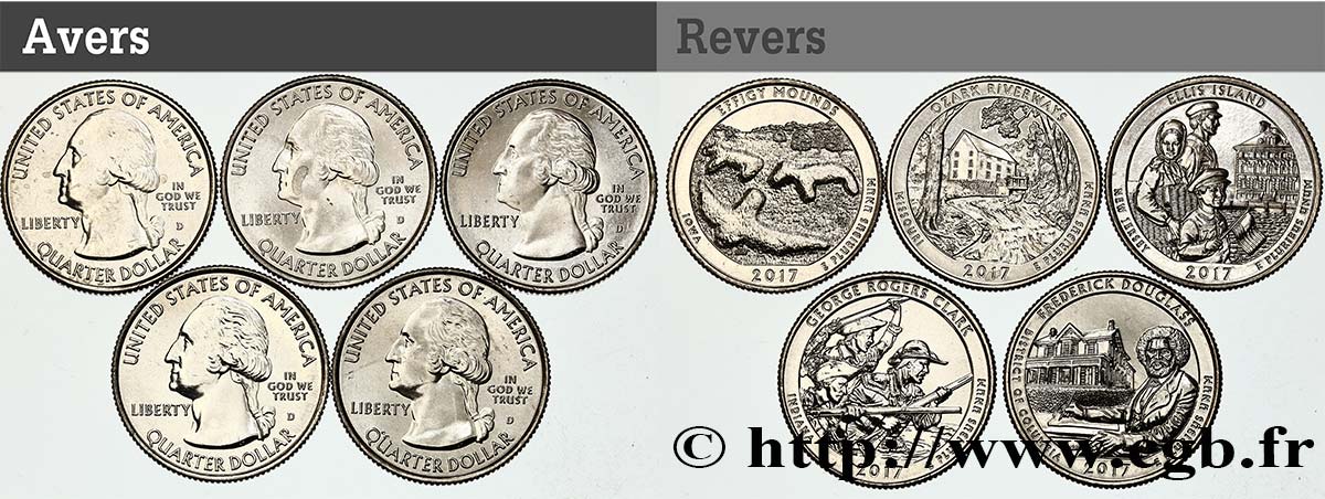 UNITED STATES OF AMERICA Série complète des 5 monnaies de 1/4 de Dollar 2017 2017 Denver MS 
