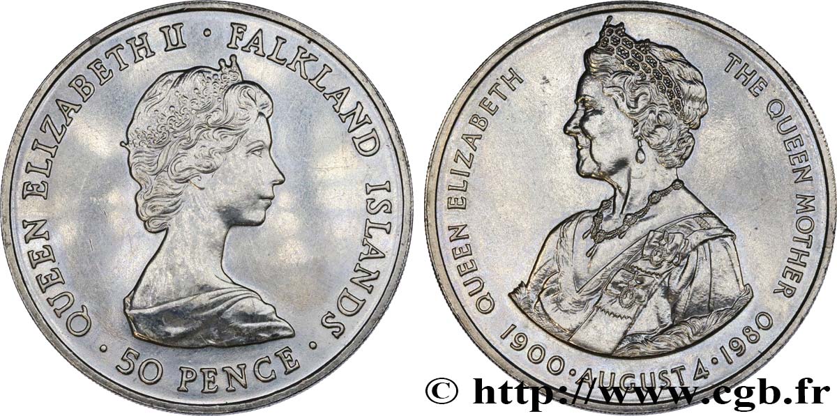 ÎLES FALKLAND 50 Pence 80e anniversaire de la Reine Mère 1980  SUP 