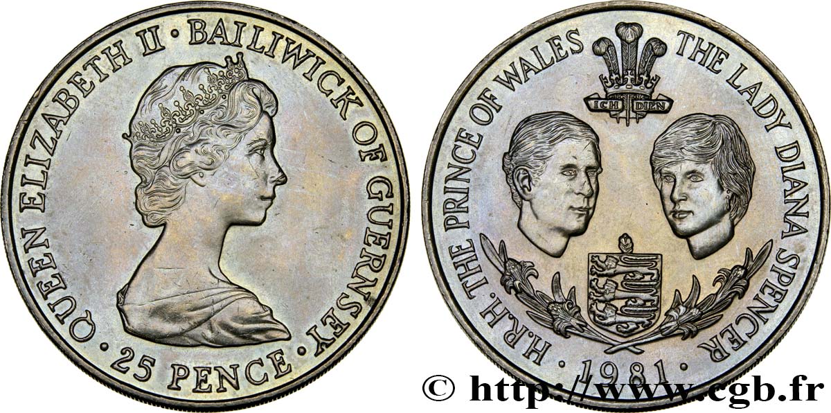 GUERNSEY 25 Pence Mariage Prince Charles et Lady Diana Spencer 1981  SPL 