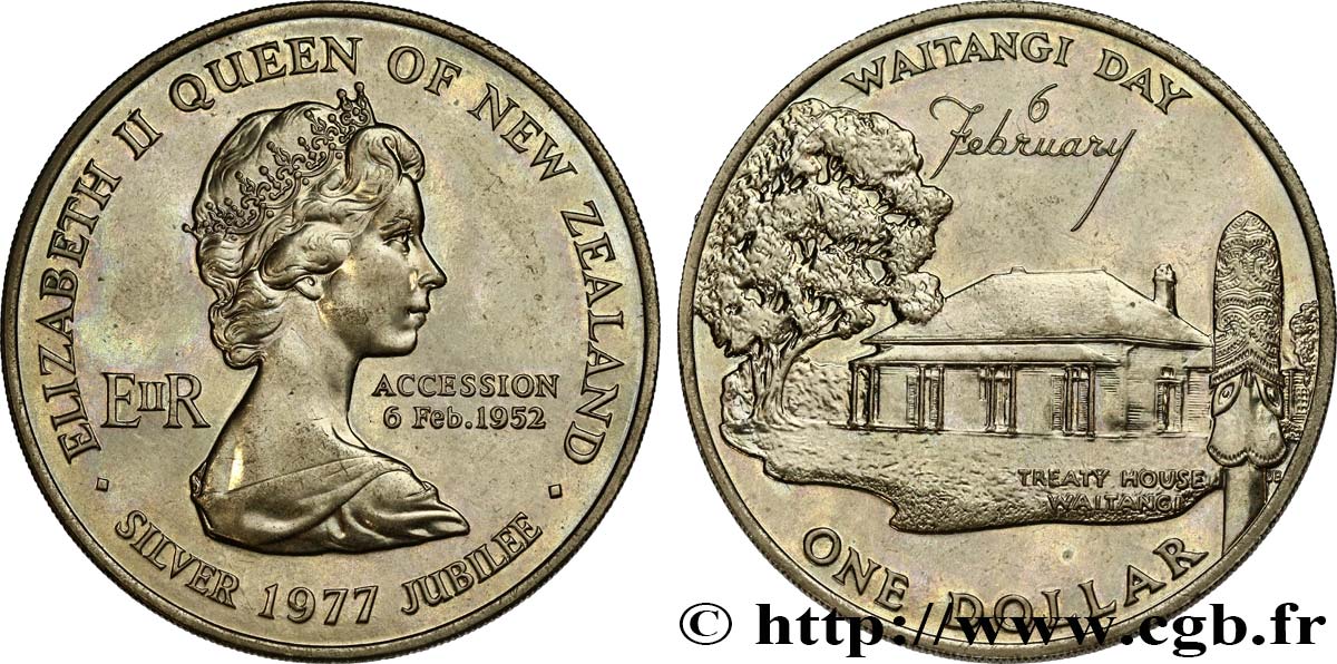 NOUVELLE-ZÉLANDE 1 Dollar 25e anniversaire de l’accession d’Elisabeth II et Waitangi Day 1977  SUP 
