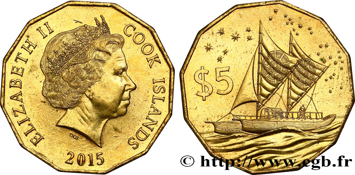 COOK ISLANDS 5 Dollars Elisabeth II / voilier 2015  AU 