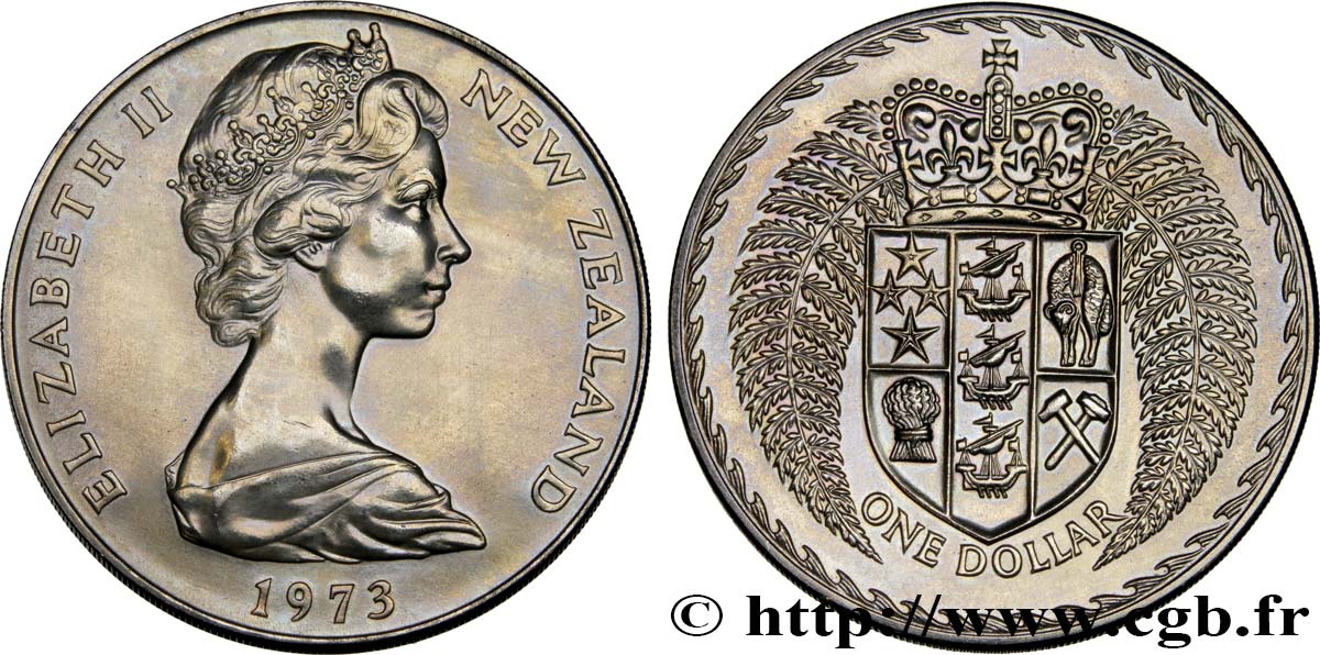 NUEVA ZELANDA
 1 Dollar Elisabeth II / Emblème couronné entouré de fougères 1973 Canberra SC 