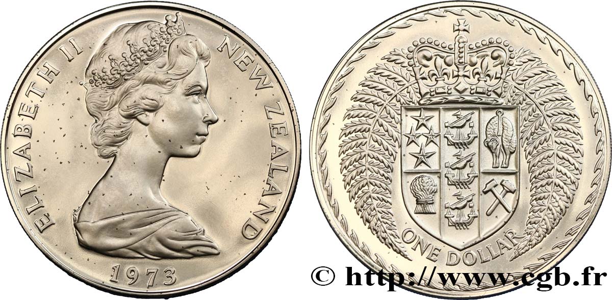 NOUVELLE-ZÉLANDE 1 Dollar Proof Elisabeth II / Emblème couronné entouré de fougères 1973  SPL 