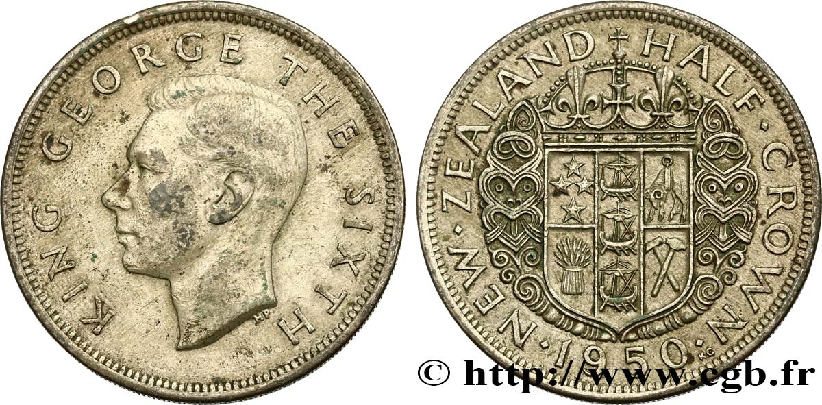 NOUVELLE-ZÉLANDE 1/2 Crown Georges VI / armes couronnée 1950  TTB 