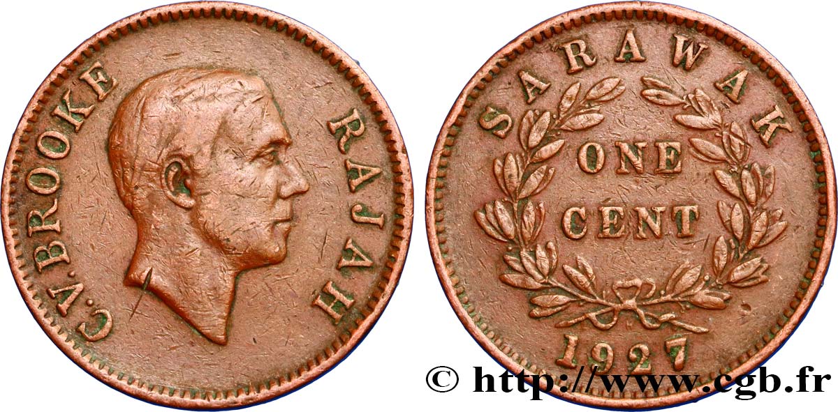 SARAWAK 1 Cent Sarawak Rajah C.V. Brooke 1927 Heaton XF 