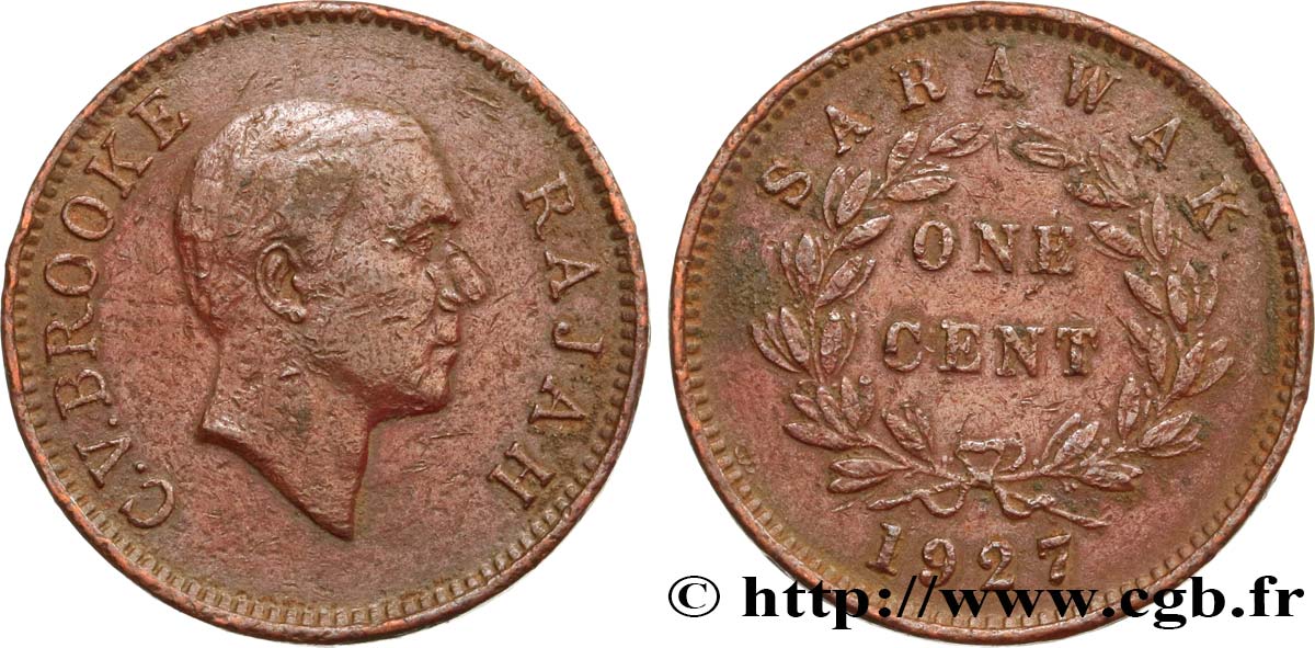 SARAWAK 1 Cent Sarawak Rajah C.V. Brooke 1927 Heaton VF 