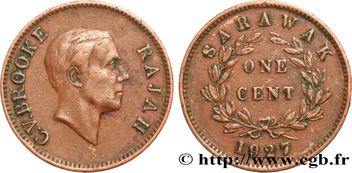 SARAWAK 1 Cent Sarawak Rajah C.V. Brooke 1927 Heaton XF 