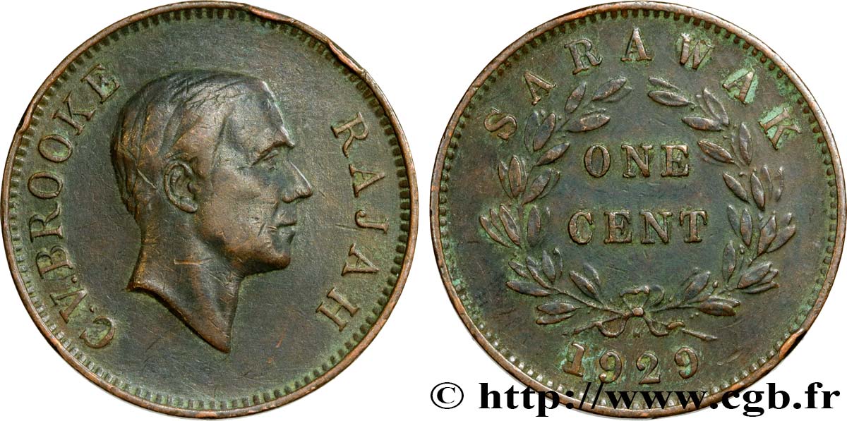 SARAWAK 1 Cent Sarawak Rajah C.V. Brooke 1929 Heaton - H XF 