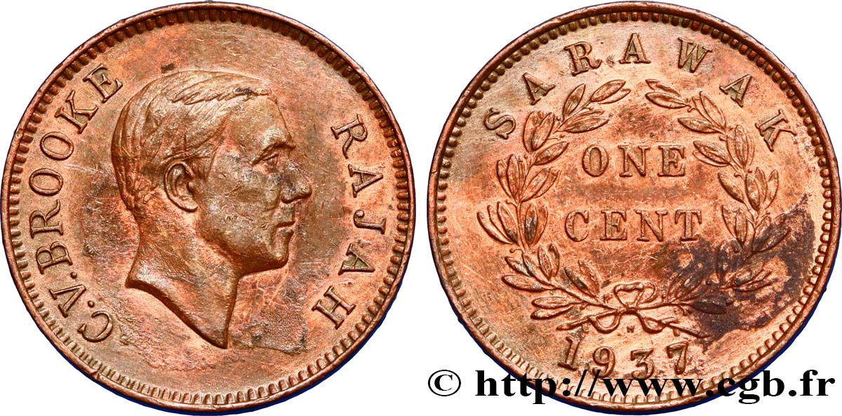 SARAWAK 1 Cent Sarawak Rajah C.V. Brooke 1937 Heaton EBC 