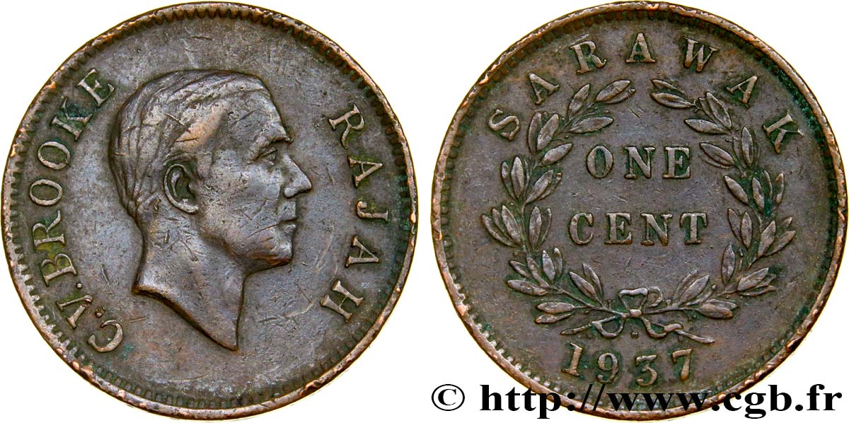 SARAWAK 1 Cent Sarawak Rajah C.V. Brooke 1937 Heaton XF 