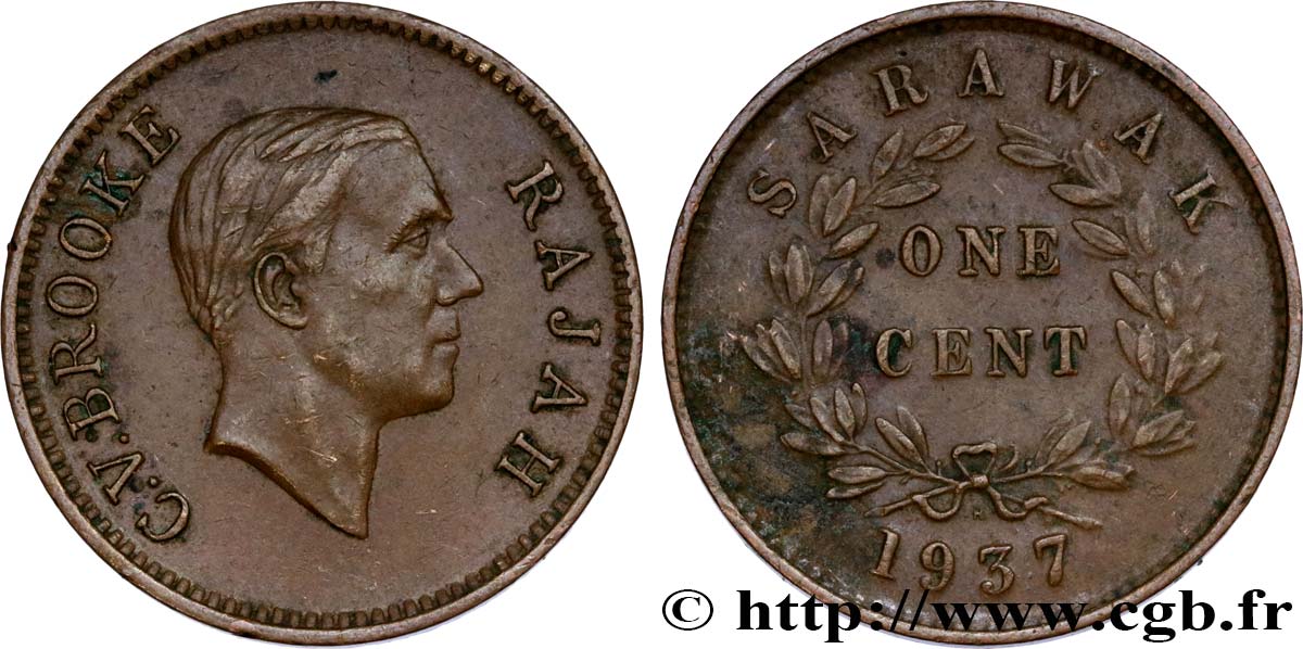 SARAWAK 1 Cent Sarawak Rajah C.V. Brooke 1937 Heaton SS 