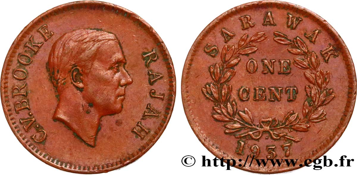 SARAWAK 1 Cent Sarawak Rajah C.V. Brooke 1937 Heaton TTB 