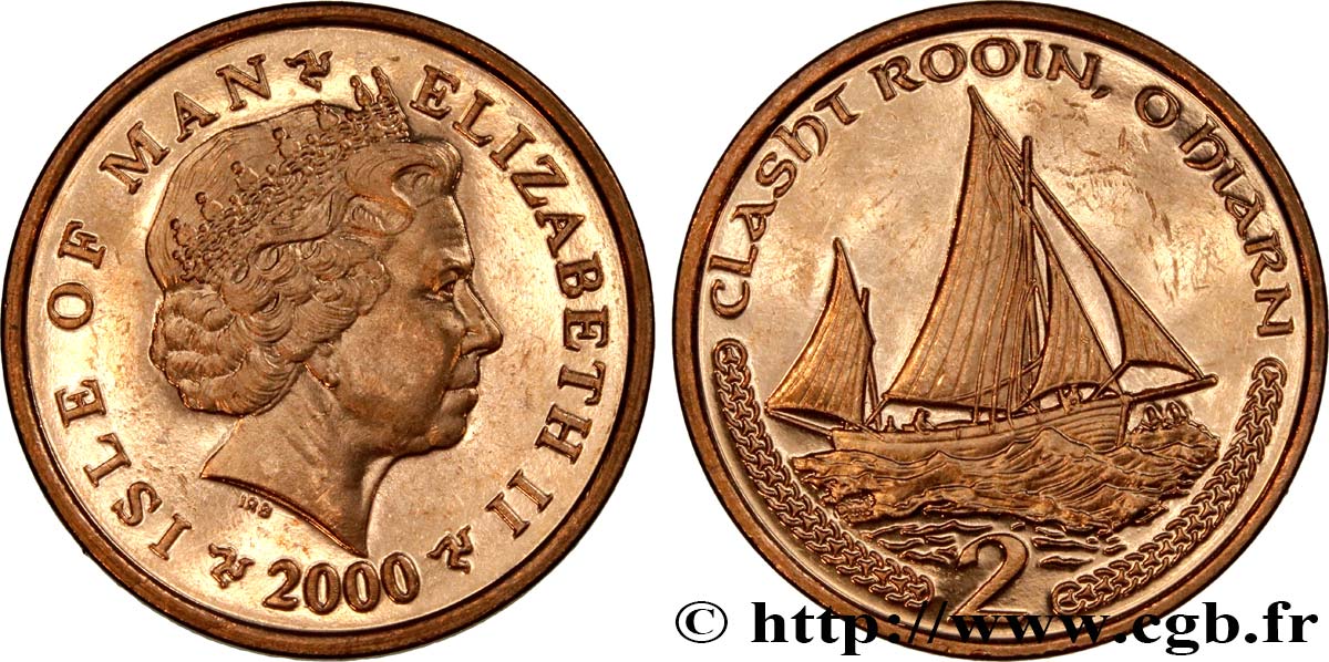 ISLE OF MAN 2 Pence Elisabeth II / ancien voilier de pêche 2000  MS 