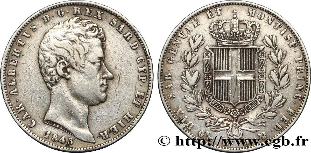 ITALY - KINGDOM OF SARDINIA 5 Lire Charles-Albert 1843 Gênes VF 