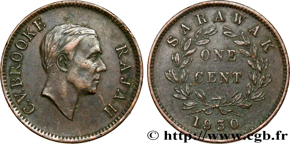SARAWAK 1 Cent Sarawak Rajah C.V. Brooke 1930 Heaton - H TTB 