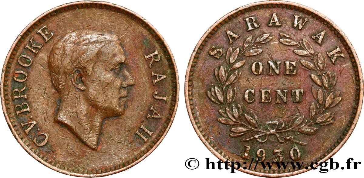 SARAWAK 1 Cent Sarawak Rajah C.V. Brooke 1930 Heaton - H BB 