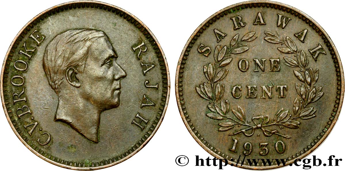 SARAWAK 1 Cent Sarawak Rajah C.V. Brooke 1930 Heaton - H XF 
