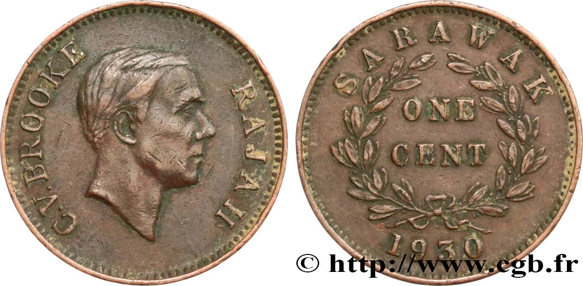 SARAWAK 1 Cent Sarawak Rajah C.V. Brooke 1930 Heaton - H SS 