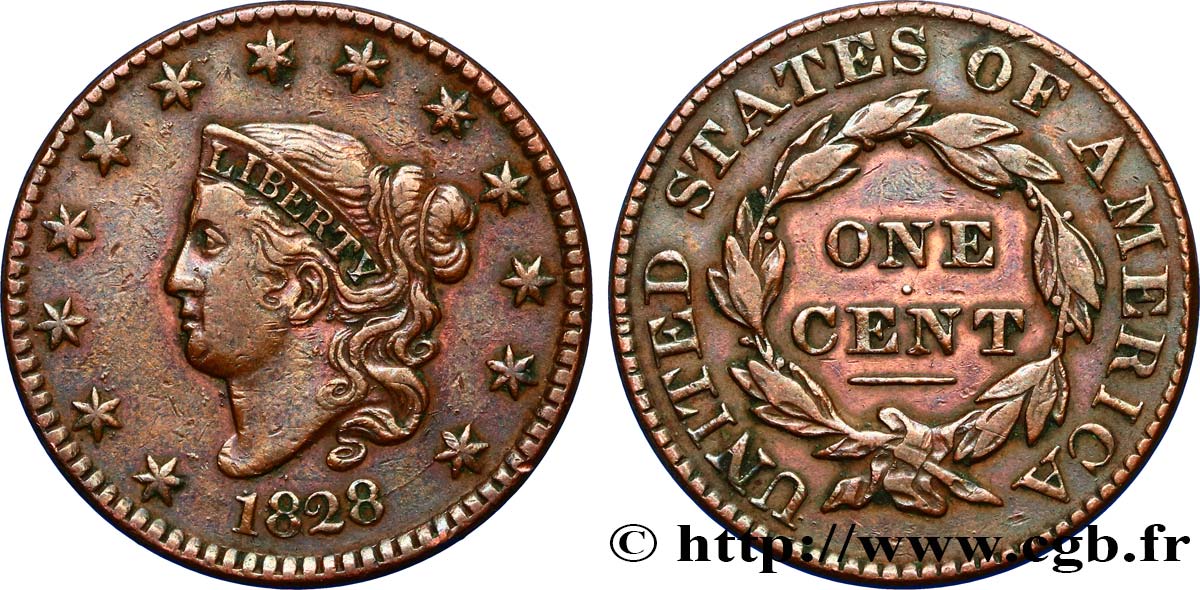 UNITED STATES OF AMERICA 1 Cent Liberté “Braided Hair” 1828  XF 