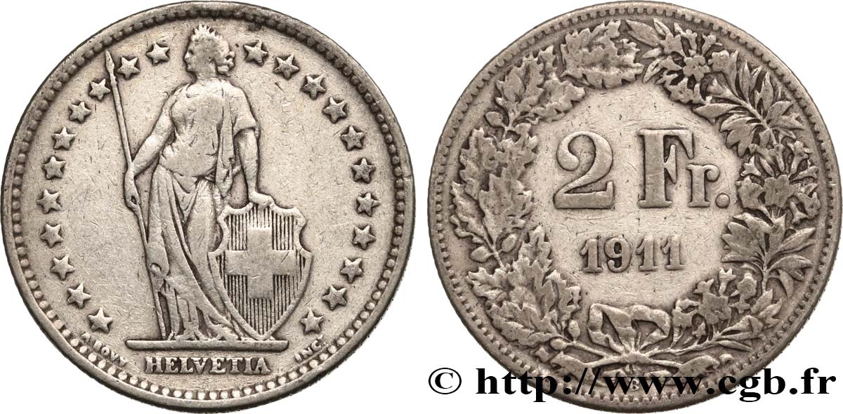 SUIZA 2 Francs Helvetia 1911 Berne - B BC 
