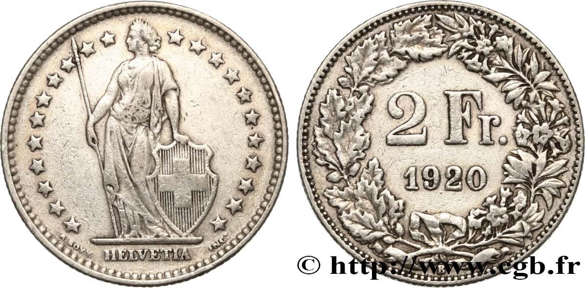 SUISSE 2 Francs Helvetia 1920 Berne TTB 