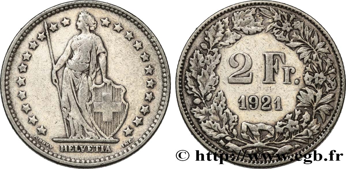 SWITZERLAND 2 Francs Helvetia 1921 Berne VF 