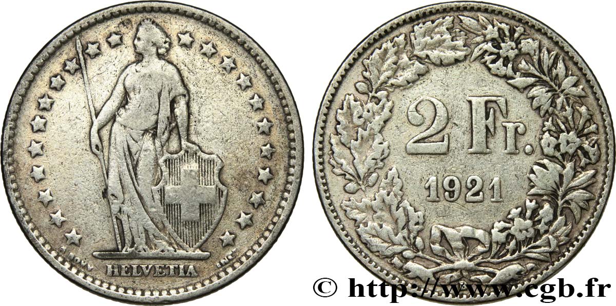 SWITZERLAND 2 Francs Helvetia 1921 Berne VF 