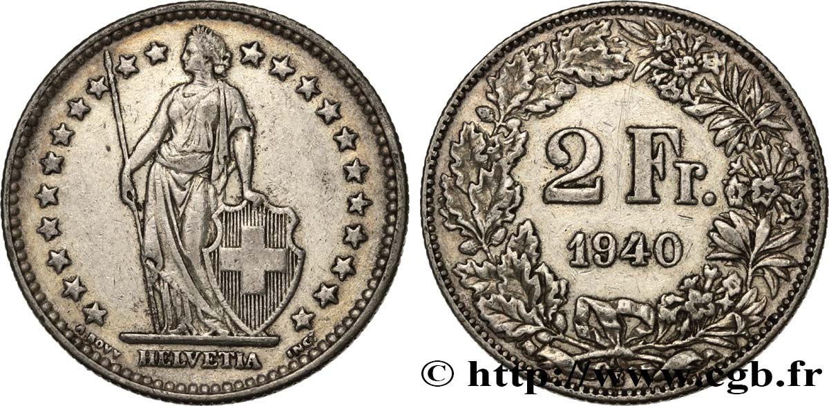 SWITZERLAND 2 Francs Helvetia 1940 Berne XF 
