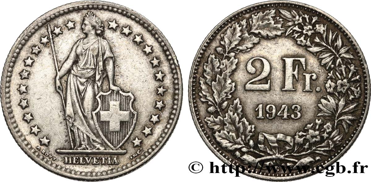SWITZERLAND 2 Francs Helvetia 1943 Berne XF 