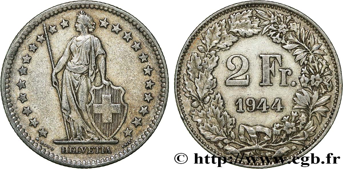 SWITZERLAND 2 Francs Helvetia 1944 Berne AU 