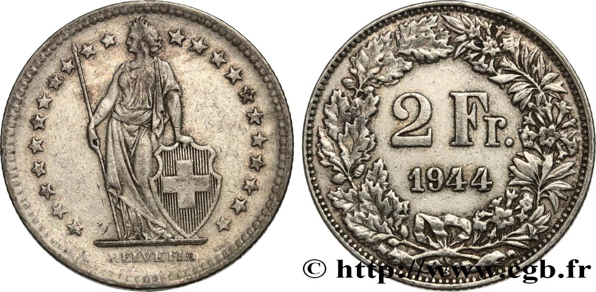SWITZERLAND 2 Francs Helvetia 1944 Berne AU 