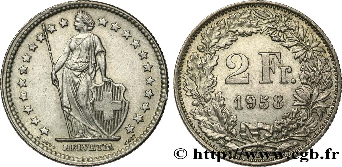 SUISSE 2 Francs Helvetia 1958 Berne SUP 